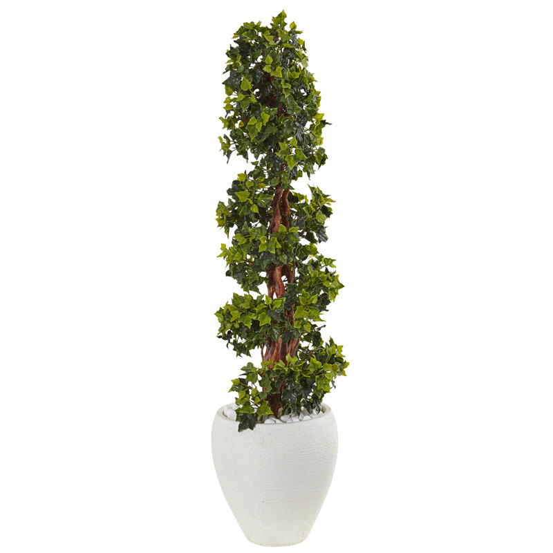 4 pi Arbre à fleurs artificiel topiaire English Ivy en pot ovale blanc, résistant aux rayons UV (intérieur / extérieur)