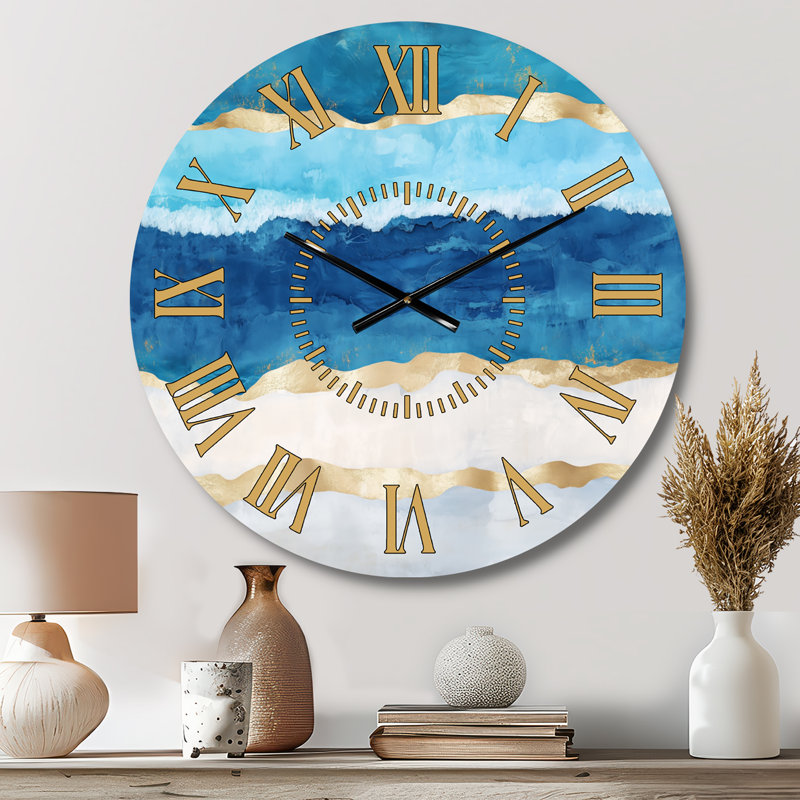 Horloge murale en métal bleu doré Tropical Beach Ripples, Petit