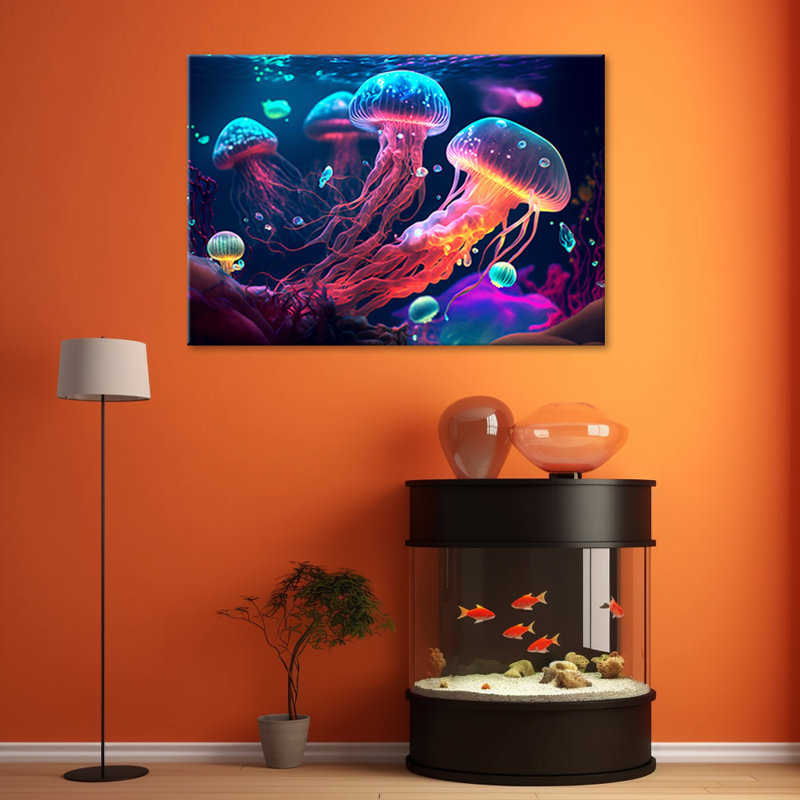 Neon Sea Jellyfish - Wrapped Canvas Print, 80cm H x 120cm W