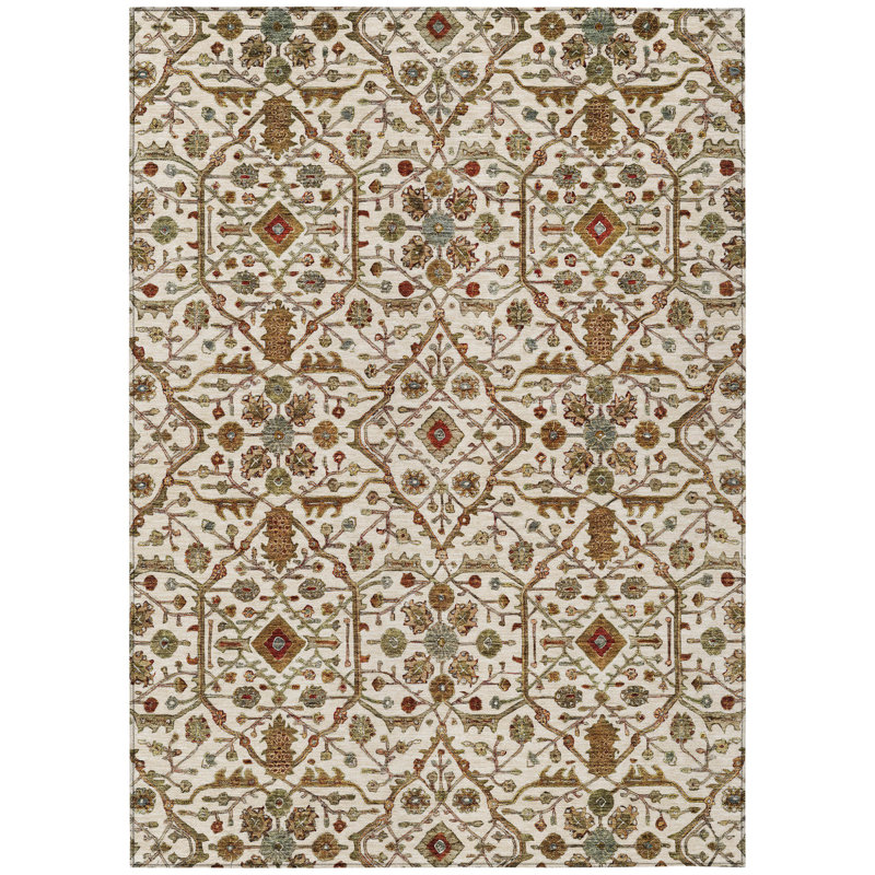 Tapis intérieur lavable floral 5 pi x 8 pi ivoire brun et rouge