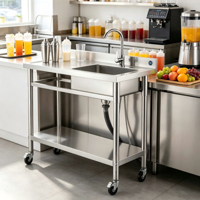 39.4×19.7×41.5 Inch Rolling Stainless Steel Commercial Sink With Faucet & Water Lines, Multi-Use Workstation For Garage, Restaurant And Laundry
