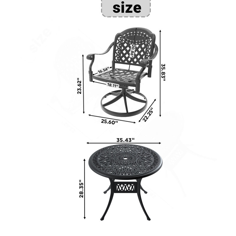 Ensemble de salle à manger 3 pièces en aluminium coulé toutes saisons comprenant 2 chaises pivotantes et une table ronde avec cadre noir