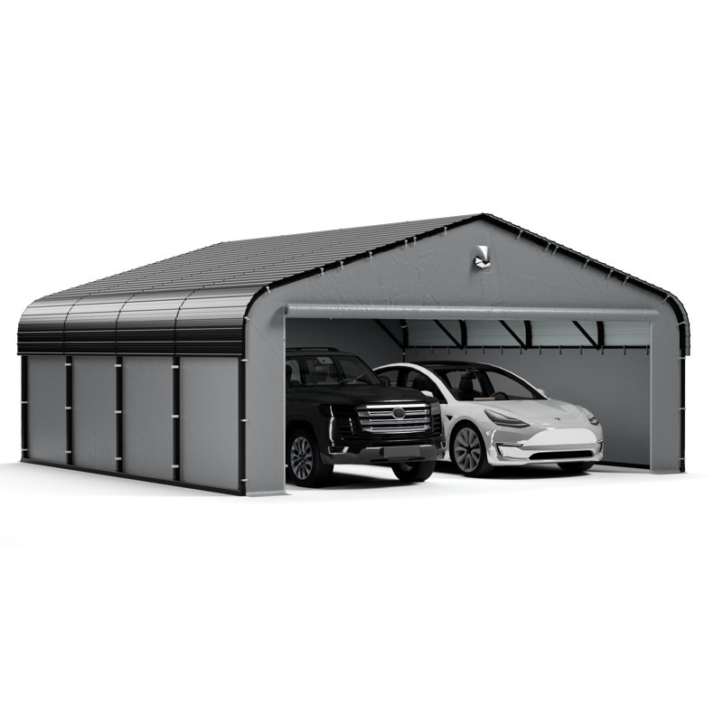 19.46 ft. W x 19.13 ft. D Heavy Duty Metal Frame Carport with Solar Lamp, Outdoor Garage Car Shelter with Powder-Coated Steel Roof & Fabric Sidewall