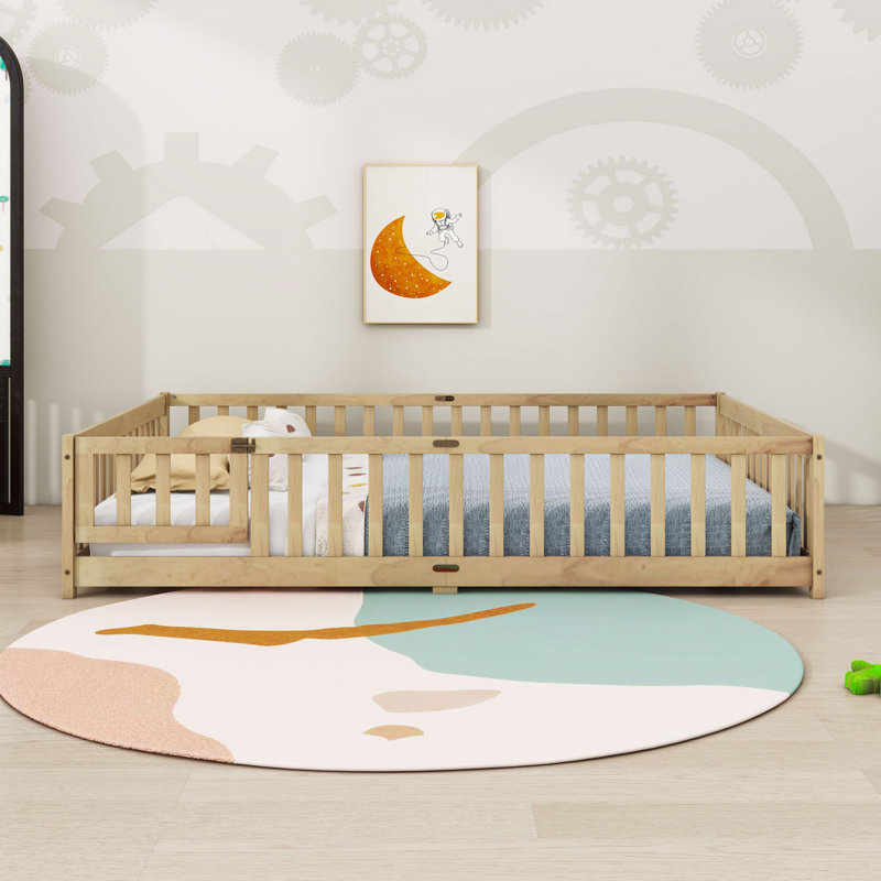 Queen Wood Floor Bed With Fence, Natural