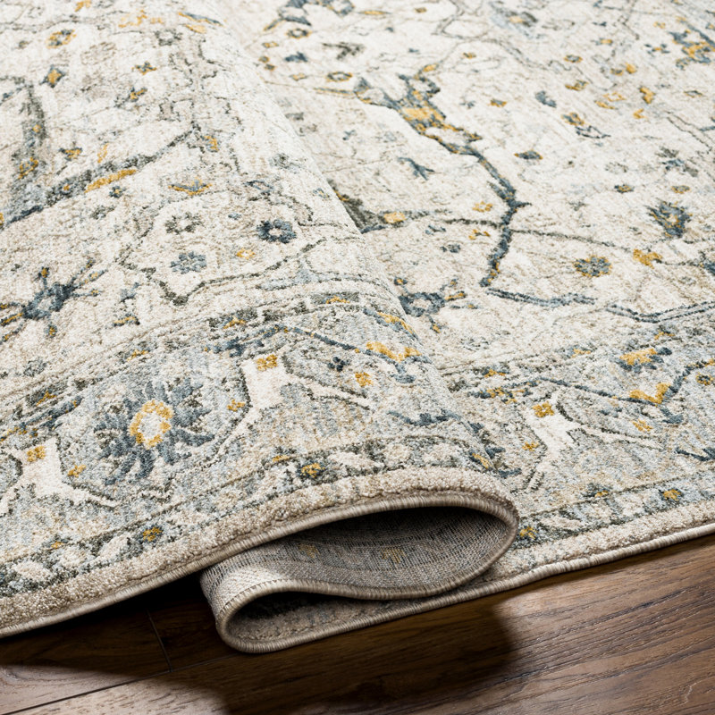 Tapis oriental en polyester tissé à la machine en beige / gris, Rond 7 pi 10 po