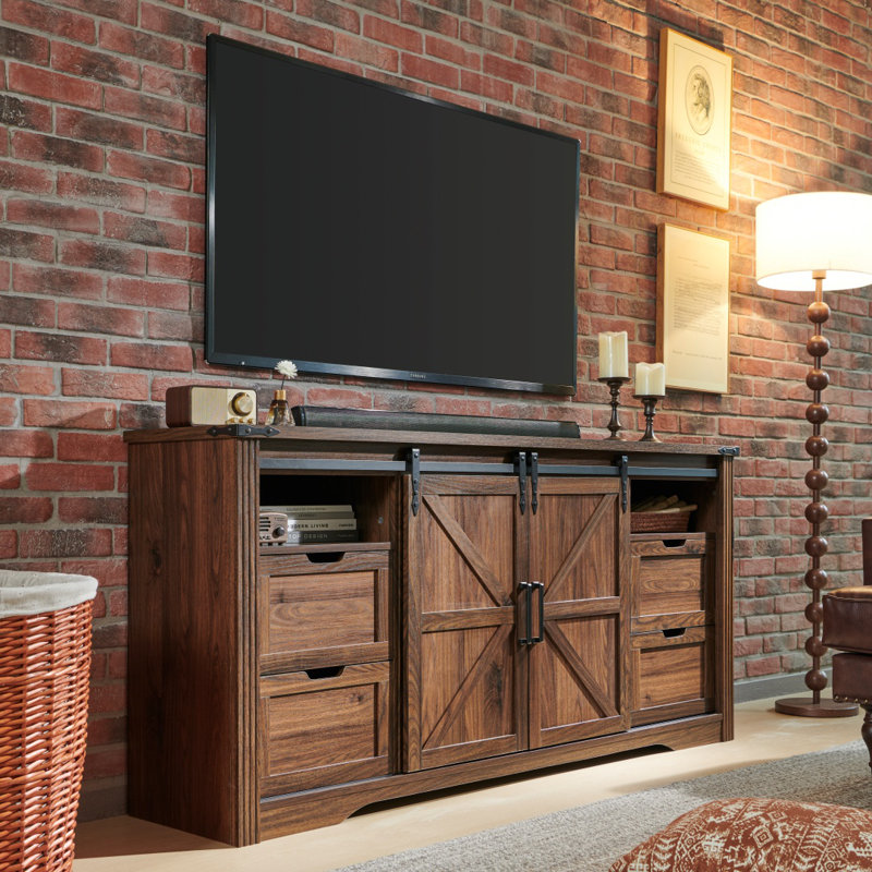 66 Inch TV Stand Console For Tvs Up To 75" With 2 Sliding Barn Doors And Drawers, Brown