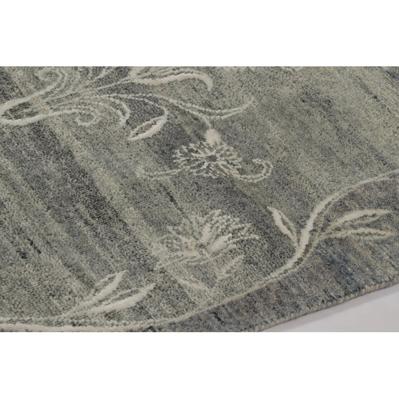 Rug & Kilim’S Block Print Rug With Gray Floral Vases And Vine Border