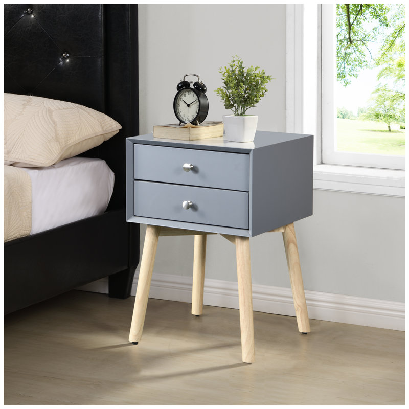 Table de chevet grise Mid-Century moderne avec 2 tiroirs et pieds en bois d'hévéa