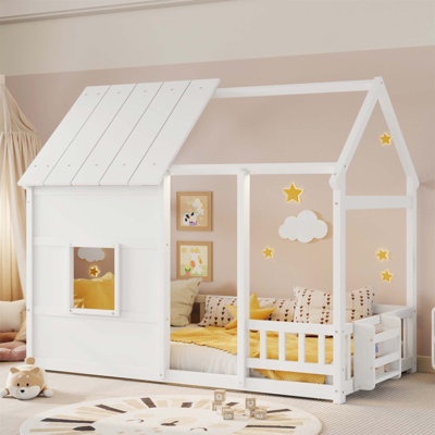 Lit sur pied en forme de maison avec lumières à DEL de 7 couleurs et bibliothèque intégrée, idéal pour les chambres d'enfants et les espaces de sommeil ludiques (sans matelas)