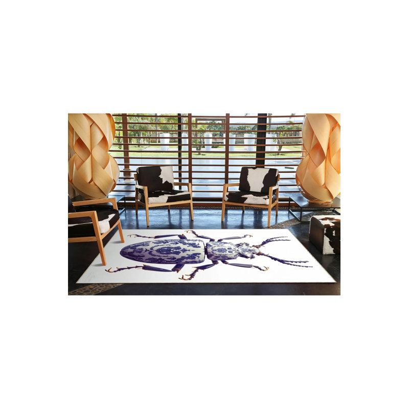 Blue Insect Patterned Washable Carpet, Runner 3'4" x 9'11"