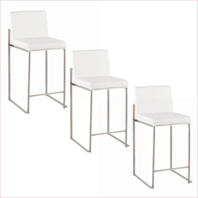 Set of 3 26" High Back Counter Dining Chairs for Adults, Contemporary Snow White Faux Leather Chrome Silver Stainless Steel Counter Stools