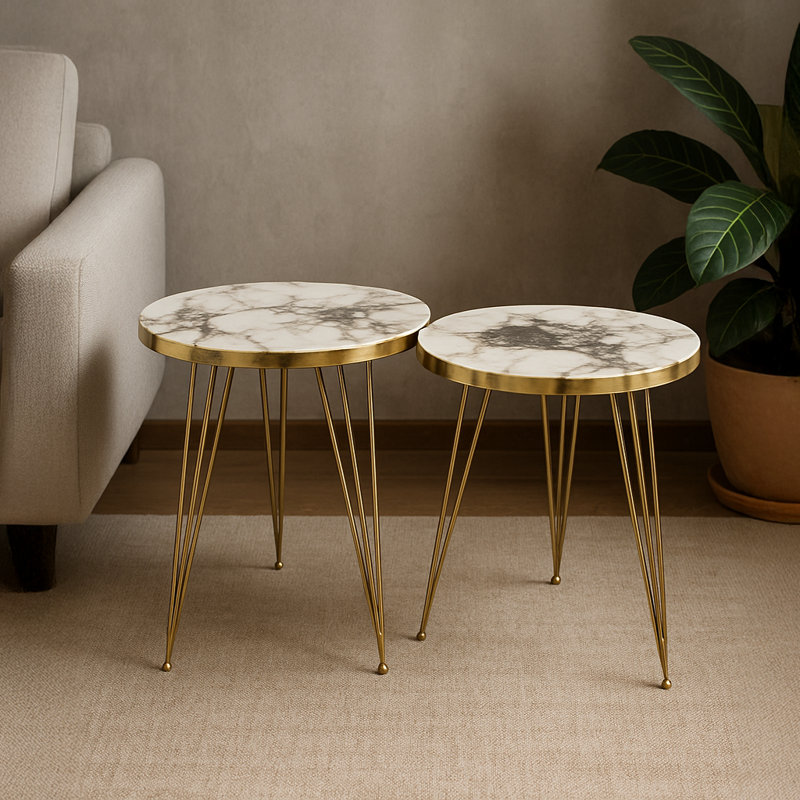 Marble-Look Side Nesting Tables Modern End Tables Set of 2 with Gold Legs, White/Gold