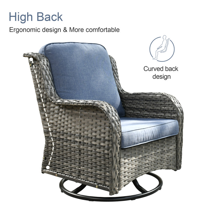 Rocking Swivel Patio Wicker Lounge Chairs With Cushions, Demin Blue, Gray