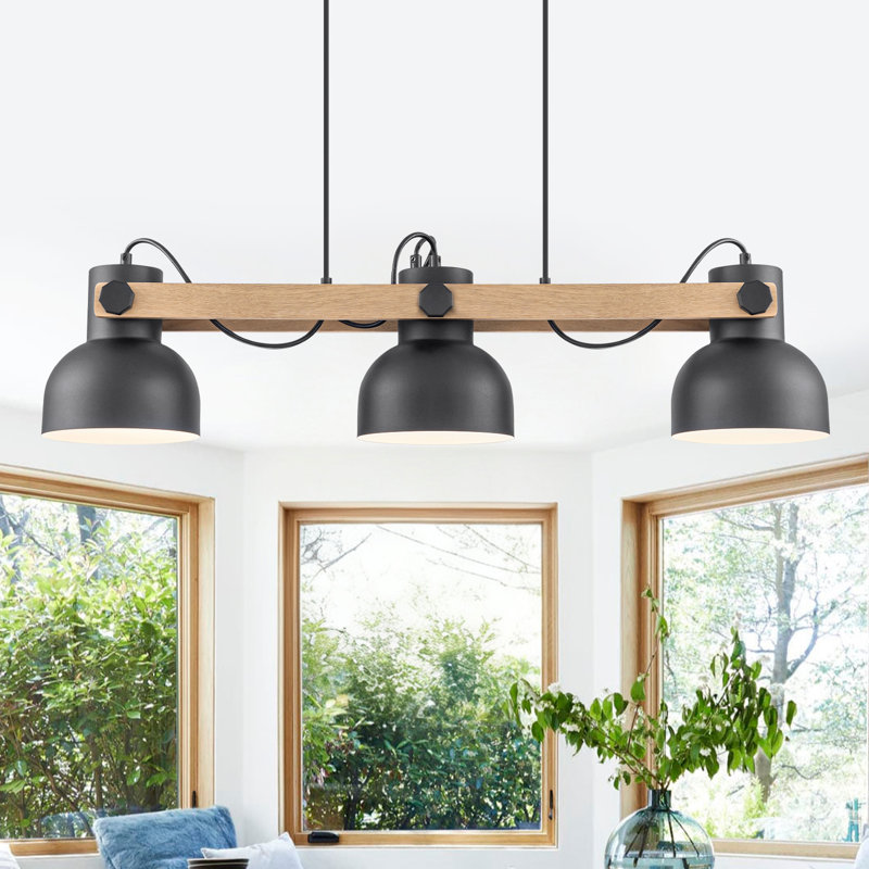 Éclairage pour îlot de cuisine 33 po, lustre linéaire industriel à 3 lumières avec abat-jour dôme en métal réglable et poutre en bois naturel, luminaire suspendu noir pour salle à manger
