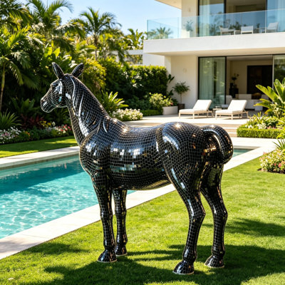 72.8" Large Black Mirror Mosaic Standing Horse Floor Sculpture, Glam Life-Size Decor Statue
