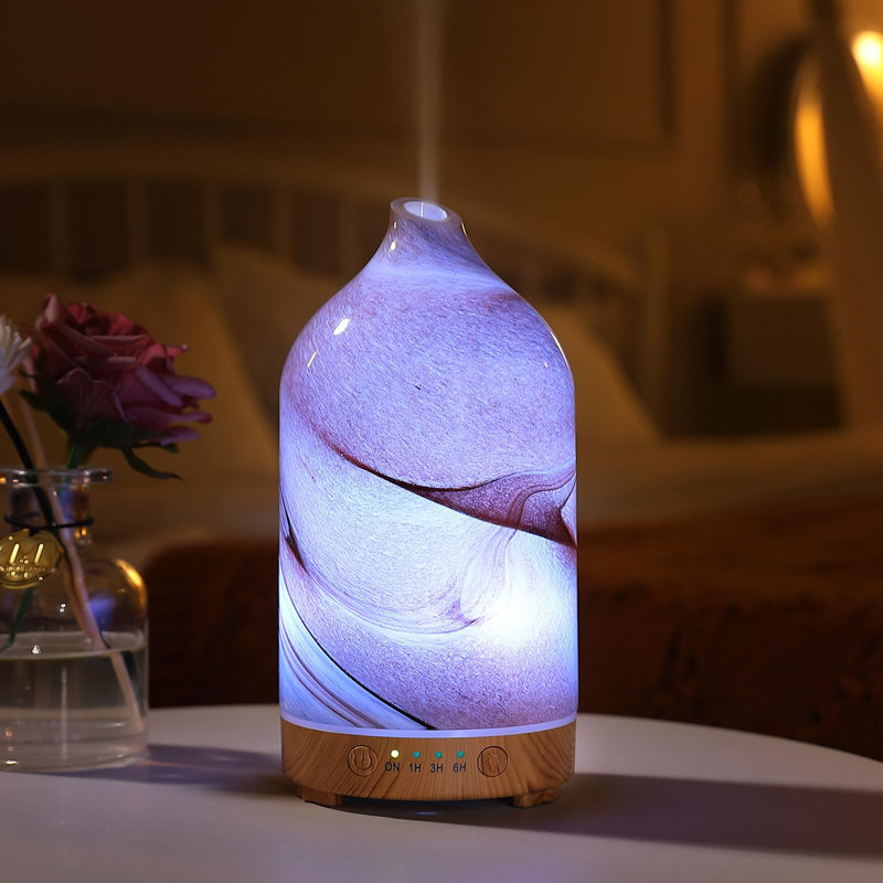 Diffuseur d'huiles essentielles en verre soufflé à la main pour aromathérapie - diffuseur ultrasonique d'arôme de brume fraîche, silencieux silencieux avec arrêt automatique, minuterie et veilleuse 7 couleurs pour la maison
