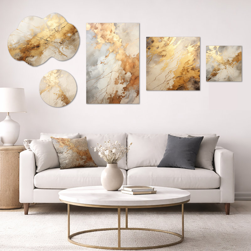«Beige & Gold Marble Lightning II», ensemble de 5 grandes reproductions d'art mural, en métal et sur toile abstraite (100 po x 40 po)