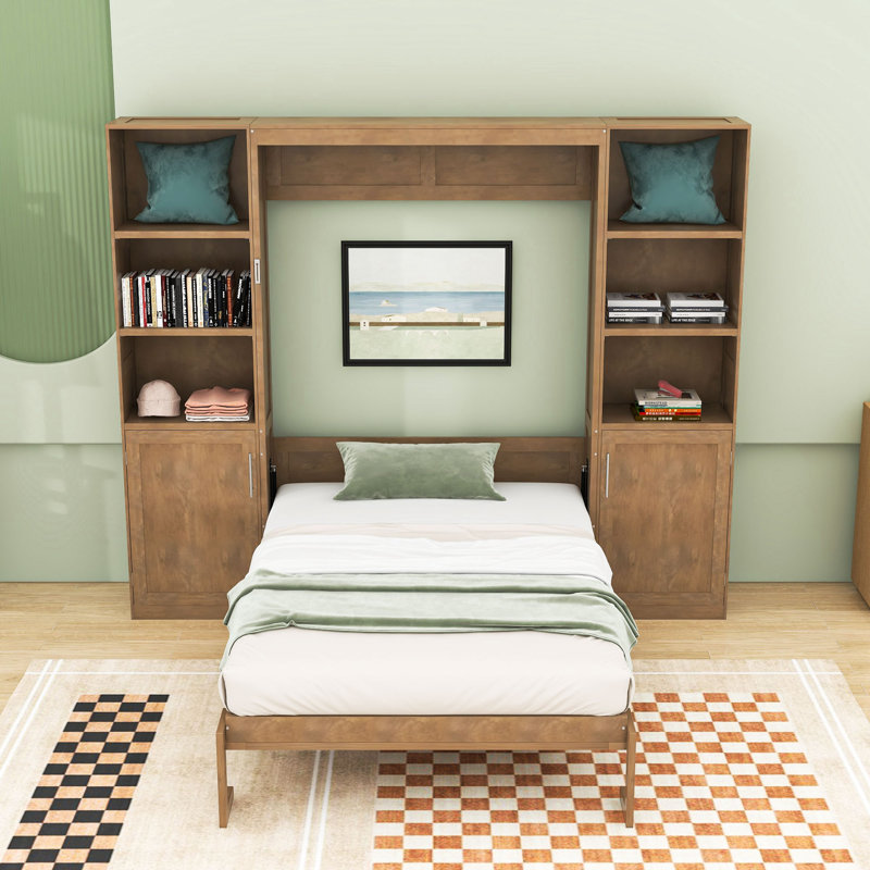 Grand lit escamotable en bois avec tablettes et armoires de rangement