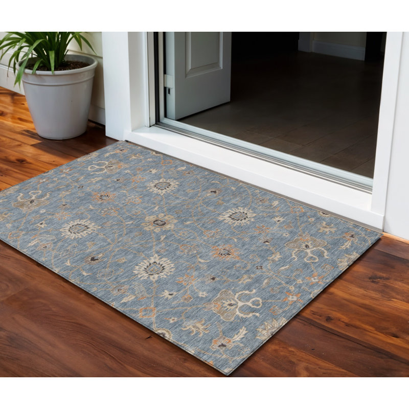 Tapis intérieur lavable floral ivoire et corail 3 pi x 5 pi bleu denim