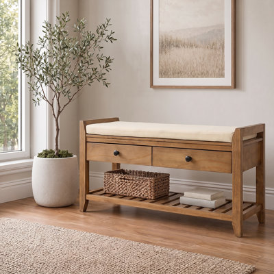 Élégant banc à chaussures en bois avec deux tiroirs de rangement et un support quadrillé - un couloir et un vestibule indispensables