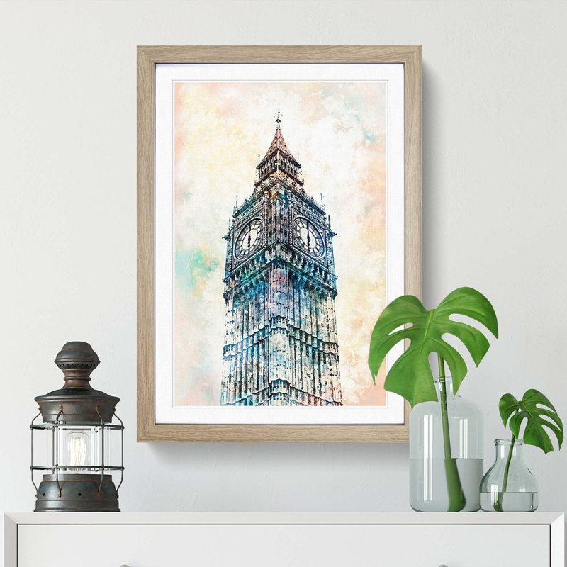 Big Ben London in Abstract - Picture Frame Painting Print, 65cm H x 48cm W x 2cm D, Oak Framed