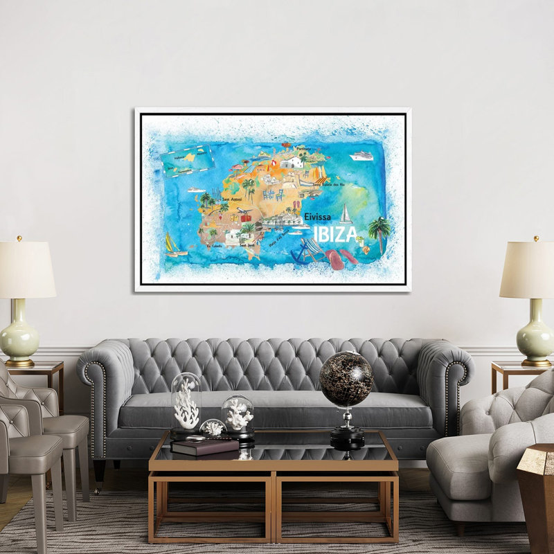 Ibiza Spain Illustrated Map with Landmarks and Highlights 1 Piece Painting on Canvas, 101.6cm H x 152.4cm W x 3.81cm D