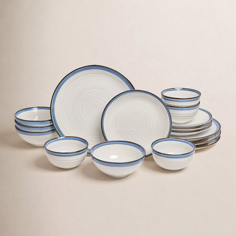Service de table mixte 16 pièces, Couleur unie, Blanc / Bleu