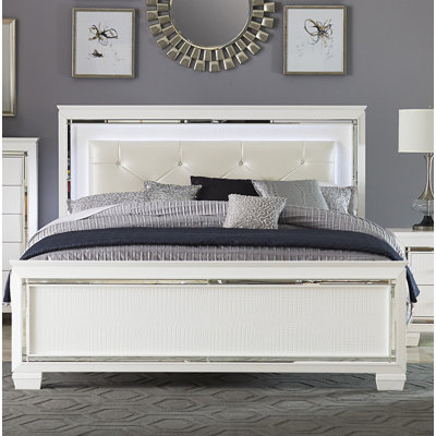 Lit double blanc glamour avec tête de lit lumineuse DEL, revêtement en similicuir effet alligator, meuble de chambre 1 pièce