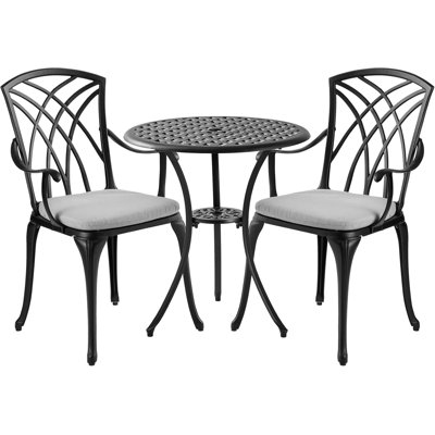 Ensemble 3 pièces de table bistro et chaises d'extérieur en fonte d'aluminium 3 pièces avec coussin, ensemble bistro de patio avec trou de parasol 1,97 po pour le jardin, noir