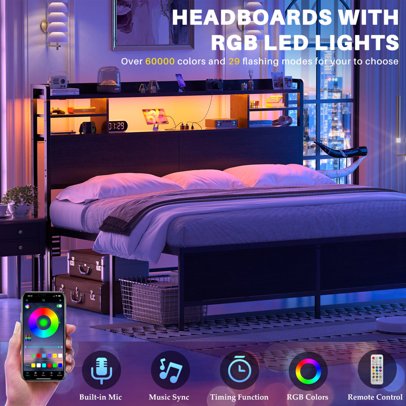 Storage Headboard with LED Lights, Bookcase Headboard with Charging Station, Black, Queen