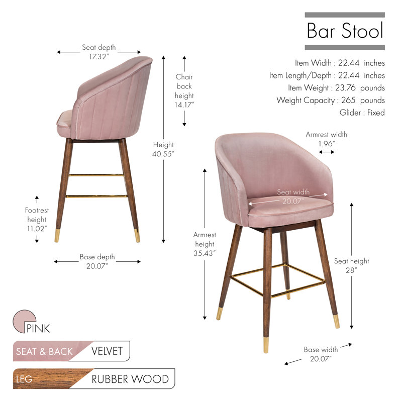28'' Velvet Upholstered Bar Stool with Rubberwood Legs, Pink