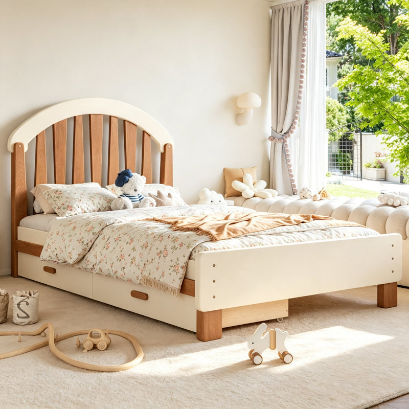 Lit plateforme simple avec tiroir de rangement, structure de lit simple en bois avec tête de lit ronde, aucun sommier nécessaire, beige et naturel profond