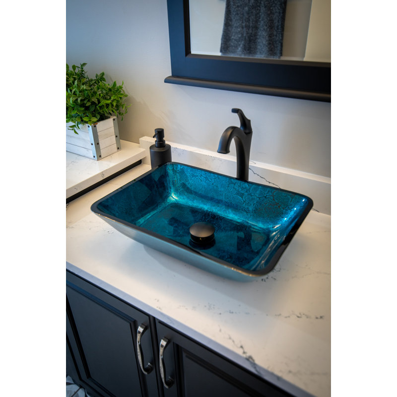 Lavabo de salle de bain rectangulaire en verre trempé turquoise peint à la main