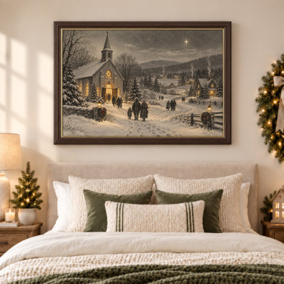 «Stone Church with People And Star In Snowy Night Christmas», art mural sur toile