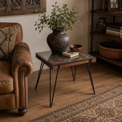 Glass Top End Table with Iron Legs, 26x24x22