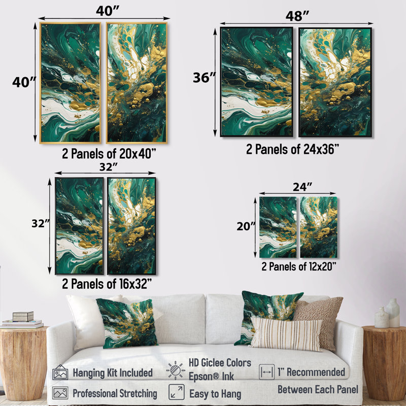 Vert et or Cascade sereine I - Art mural moderne 2 panneaux, 36" H x 48" W, Impression encadrée flottante, Black