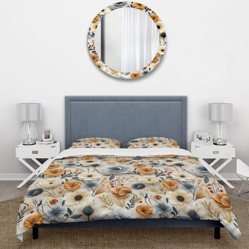 Ensemble de housse de couette dorée et blanche Vintage Poppy Dreams, Housse de couette pour grand lit et 2 taies décor