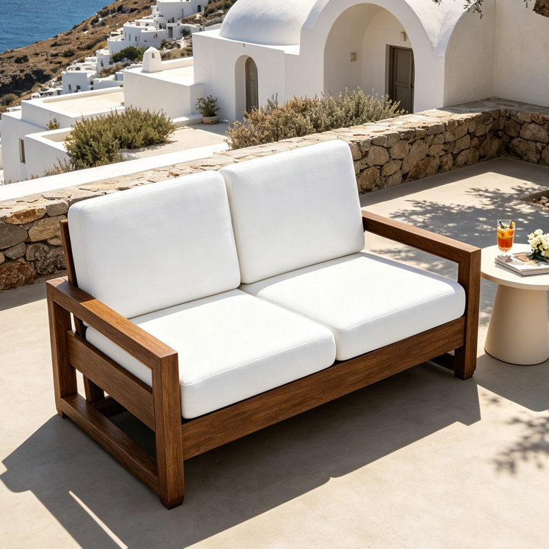 Causeuse d'extérieur en bois de teck massif Gustina avec coussin et accoudoirs, Beige, Bois naturel