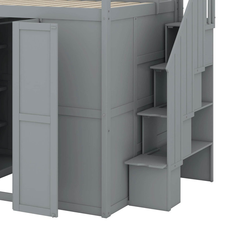 Full Size Loft Bed With Wardrobe,Desk And Shelves, Gray