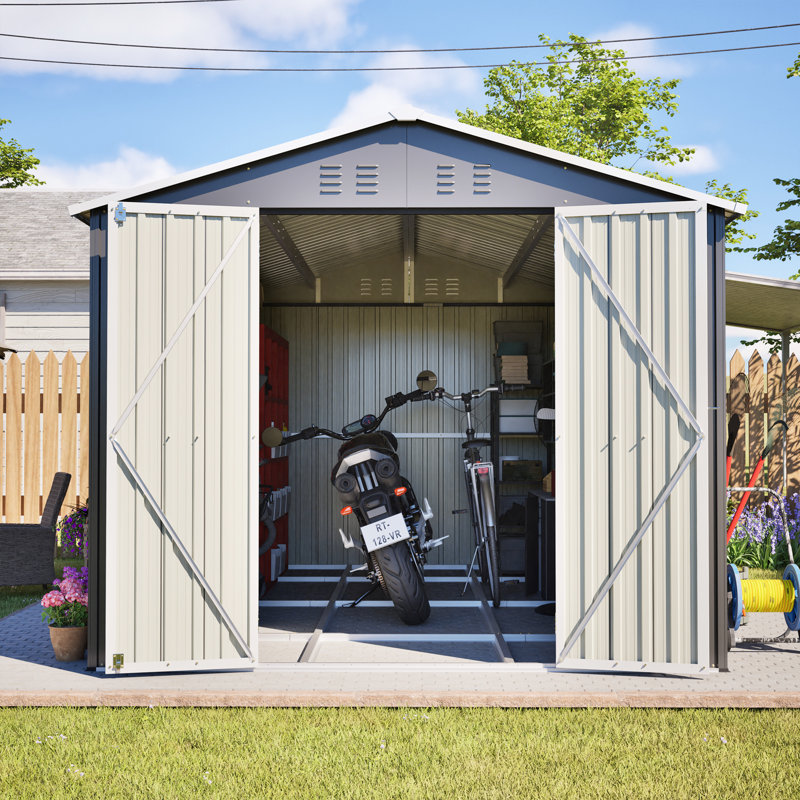 Rangement extérieur verrouillable en métal de 8 pi x 12 pi dans un cadre gris en aluminium, amplement d'espace pour les outils de jardin, portes doubles rapides et faciles, verrouillable, métal, rangement, espace, portes, simple
