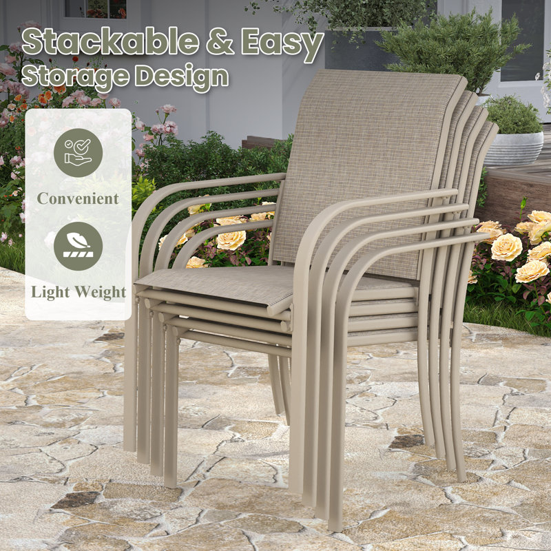 6-Person Rectangular Patio Dining Set With Stackable Textilene Chairs, Brush Wood Gray/Sandshell