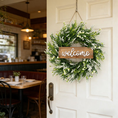 Couronne florale de printemps artificielle de 20 pouces avec panneau de bienvenue en bois, couronne de porte d'entrée de ferme pour décoration murale de porche intérieur et extérieur couvert