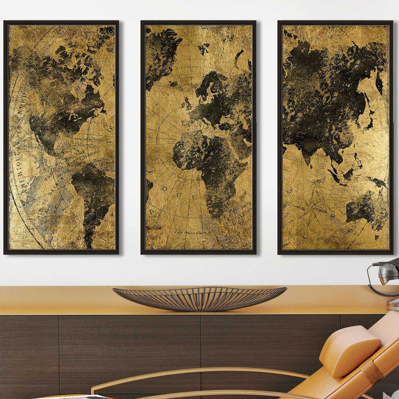 "Golden Atlas" par CAD Designs, reproduction sur toile flottante 3 pièces, H 41,5 po x l 64,5 po x P 2 po