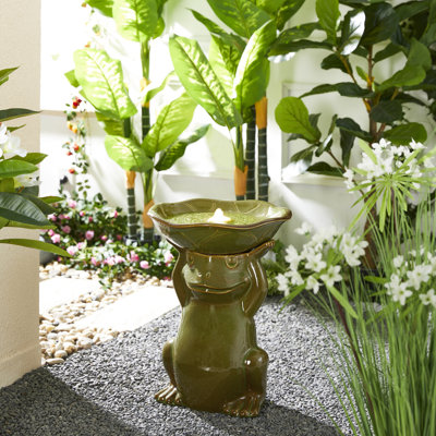 Outdoor Fountains With LED Lights, 21.5"H  Ceramic Garden Water Fountain, Olive Green