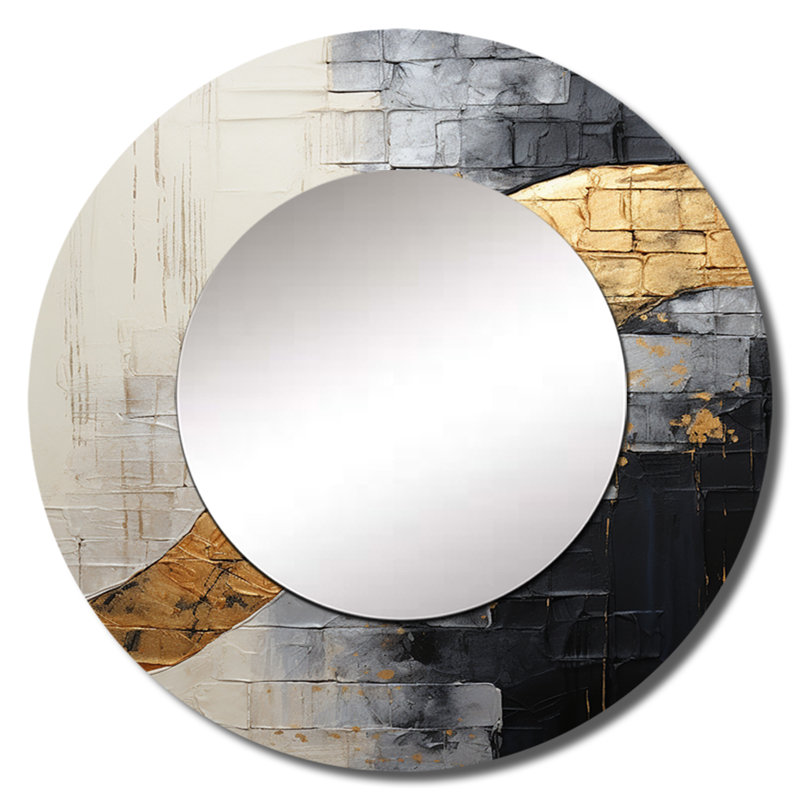 Gray Gold Minimalism Poteries - Abstract Spirals Unique Wall Mirror, Modern Round Mirror, Printed Metal Art, 36" x 36"