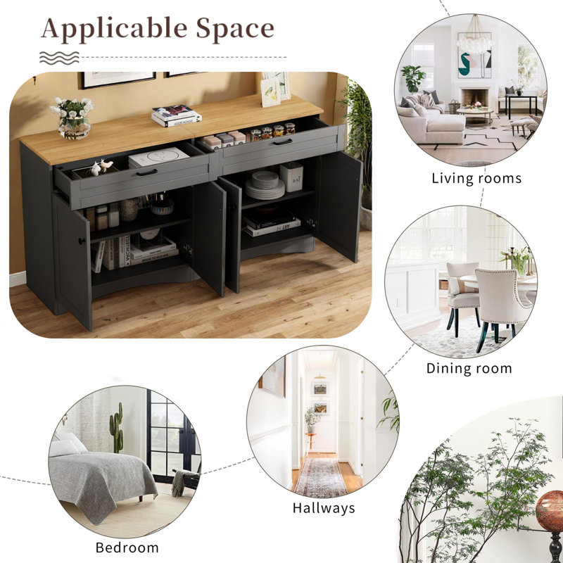 Farmhouse Sideboard With Adjustable Shelves And Rustic Handles, Gray