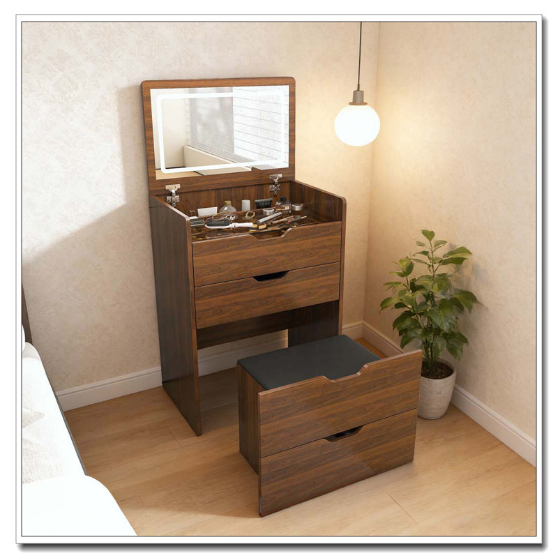 Bureau de coiffeuse 3-en-1 avec miroir lumineux et tabouret, Walnut-23.62"L