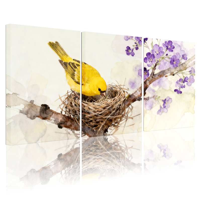 «Birds Bird Nesting On Branch With Flowers», ensemble de 3 impressions sur toile, H 24 po x l 48 po