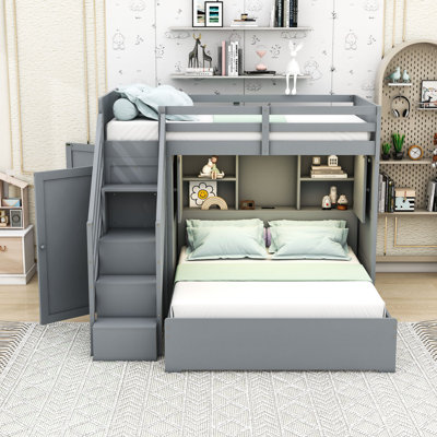 Twin-Over-Full Bunk Bed with Integrated Wardrobe and Storage Stairs