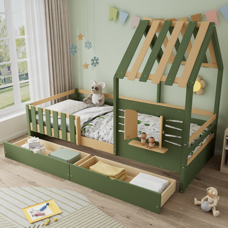 Whimsical House Bed With Storage - Wooden Single Children's Bed With Opening Window (Green)